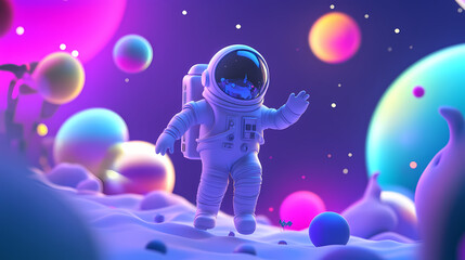Design a 3d cartoon illustration of a space adventure, featuring playful astronauts, aliens, and vibrant planets. Spectral Astronauts. Illustration