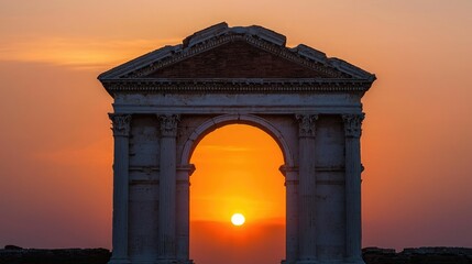 Fototapeta premium A stunning sunset framed by a historical arch, creating a picturesque view that highlights the beauty of nature and architecture.