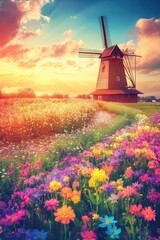 Vintage wooden windmill with beautiful colorful wild flowers in Spring.