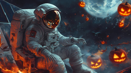 Eerily themed space station haunted by spectral astronauts and alien jack-o'-lanterns. Spectral Astronauts. Illustration