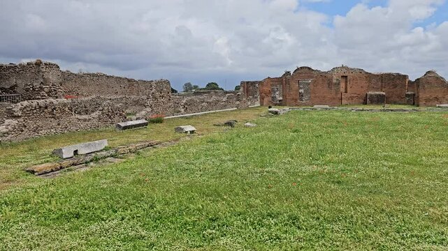 Green space amid the ancient ruins of Pompeii, a historic Roman city and popular tourist destination destroyed in 79 AD by the eruption of Mount Vesuvius