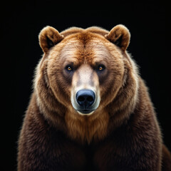Stunning front view of a powerful brown bear isolated on a black background, perfect for wildlife and nature projects.