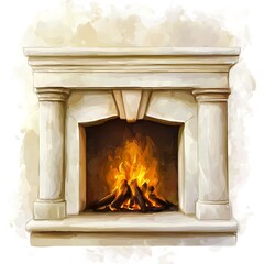 Cozy Fireplace with Burning Fire Watercolor Style Illustration.