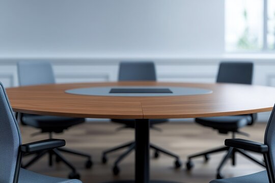 Modern conference table with empty chairs, ready for a meeting. Spacious design with a minimalist aesthetic.