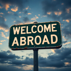 A vintage green metal sign with 'WELCOME ABOARD' text, set against a stunning blue sunset sky, evoking wanderlust and maritime adventure. Ideal for travel, cruise, and international business themes.