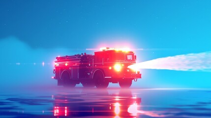 A glowing fire truck with bright neon emergency lights sprays water into the night, reflecting vibrant colors in a sci-fi inspired cyber world. A mix of realism and fantasy. AI generated.