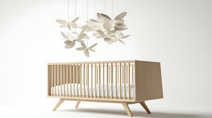 Modern crib with butterfly mobile in neutral studio setting
