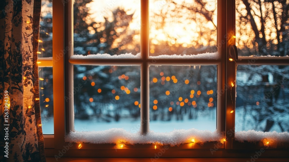 Aufkleber twilight glow from a winter window decorated with lights in a snowy landscape. generative ai