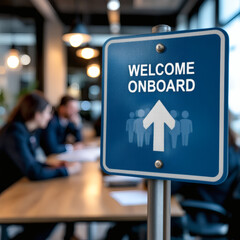 A blue road sign with 'Welcome Onboard' text against a blurred office backdrop. Professionals formalize a business agreement in a sleek, sunlit workspace, showcasing corporate success and teamwork.