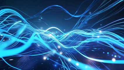 Futuristic Blue Energy Wave Lines in a Digital Space A dynamic and futuristic abstract background featuring glowing blue energy waves flowing through a dark digital space.