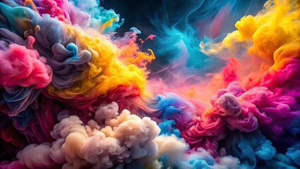 Obraz premium Pink Yellow Blue Smoke Explosion Photography, Colorful Smoke Burst, Vivid Smoke Cloud Image