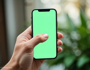 A close-up shot of a hand holding a smartphone with a green screen, perfect for mockup, UI/UX design presentations, or app display previews