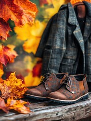 Stylish brown shoes and a plaid coat displayed among vibrant autumn leaves in a rustic setting. Generative AI