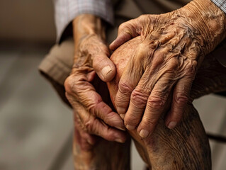 Fototapeta premium A close-up of hands holding a knee with indicating pain or inflammation, possibly due to arthritis or injury. 