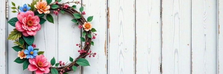 Watercolor floral wreath on a distressed wooden door, floral, outdoor, wooden door