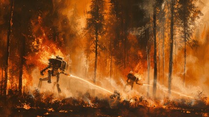 Fototapeta premium Advanced robotic machines combat raging wildfires in a burning forest, using high-tech equipment to control the flames. The scene depicts futuristic firefighting technology in action. AI generated.