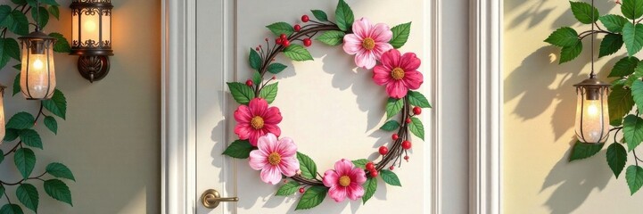 Fototapeta premium Watercolor floral wreath on wooden door , rustic, wreaths