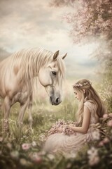 Obraz premium Beautiful female and horse in flower grass field in Spring.