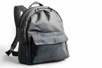 Naklejka premium Stylish grey backpack isolated on white background; perfect for school, travel, or everyday use. High-quality image suitable for websites and marketing materials.