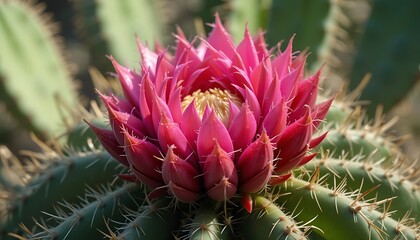 Fototapeta premium Close-up of a vibrant pink cactus flower blooming on a spiny green cactus plant in bright sunlight