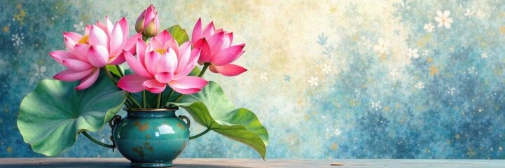 Watercolor lotus flowers in vase , vase, botanical, flowers
