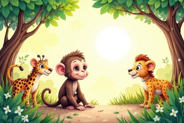 Fototapeta premium Watercolor painting of a baby monkey playing with safari animals under the sun, animal print, elephant, safari