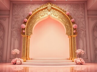 3d elegant rose gold golden majestic islamic mosque arch gate wedding stage altar with flowers and ethereal glow lights. Photo studio backdrop background photoshoot