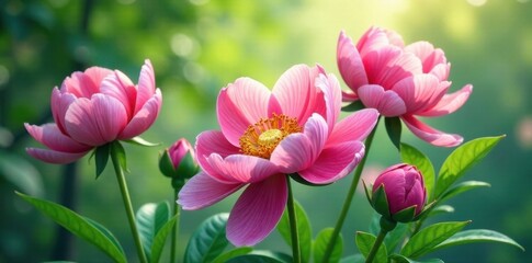 Fototapeta premium Watercolor peonies in a lush green environment, greenery, watercolor art, flowers