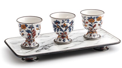 Decorative ceramic cups on marble tray