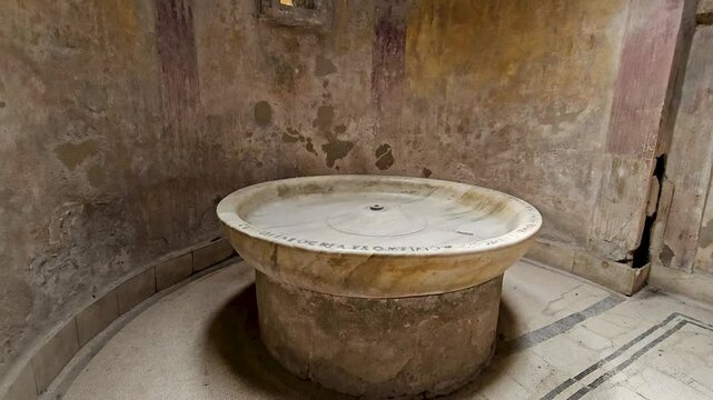 Round font in forum bath in the ruins of ancient Pompeii, Italy-Tilt up to circular opening in the ceiling