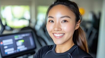 Enthusiastic and smiling Asian woman in athletic wear performing a deep squat exercise during an intense workout session in a modern well equipped gym interior  She is focused and determined