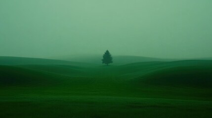 Obraz premium Serene Countryside Landscape with Rolling Green Hills and a Lone Tree in Soft Foggy Atmosphere