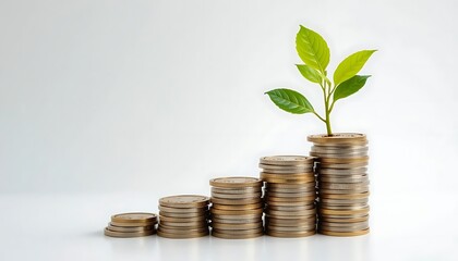 Stacks of Gold Coins Growing with a Plant Representing Financial Growth and Investment
