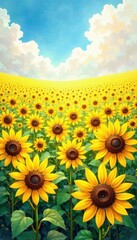 Obraz premium Watercolor sunflower field , field, sunflower, blooms