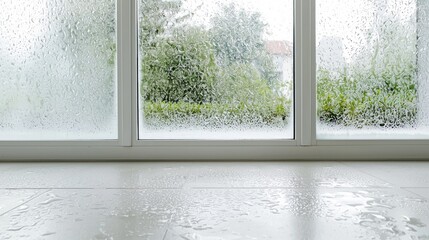 Naklejka premium Rainy day condensation on window, indoor view