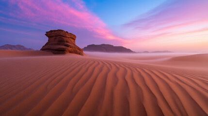 Naklejka premium Majestic desert landscape with sand patterns, mist, and vibrant sunset colors. serene atmosphere evokes sense of tranquility and wonder
