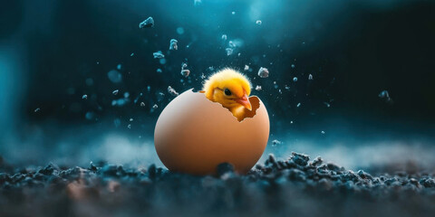 chick breaking out of eggshell, surrounded by fragments, symbolizes new beginnings and life. vibrant yellow of chick contrasts with earthy tones of ground