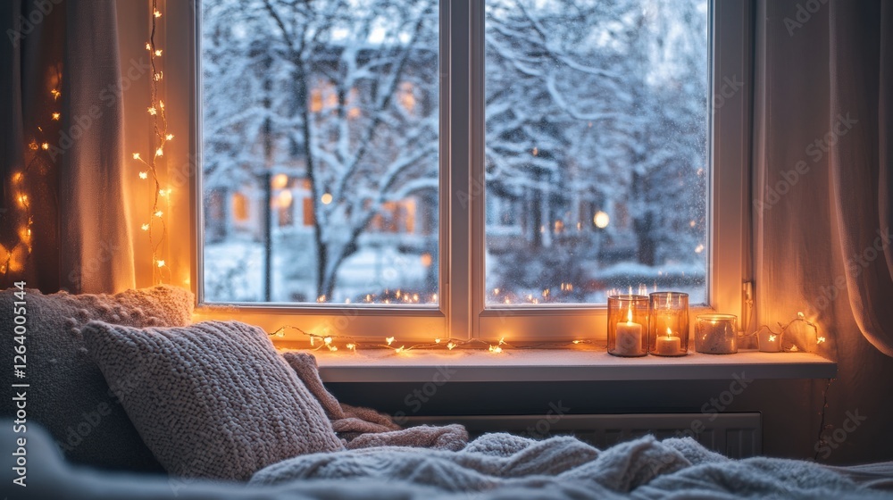 Aufkleber cozy winter evening with candles and fairy lights illuminating a window view of snowy outdoors. gene