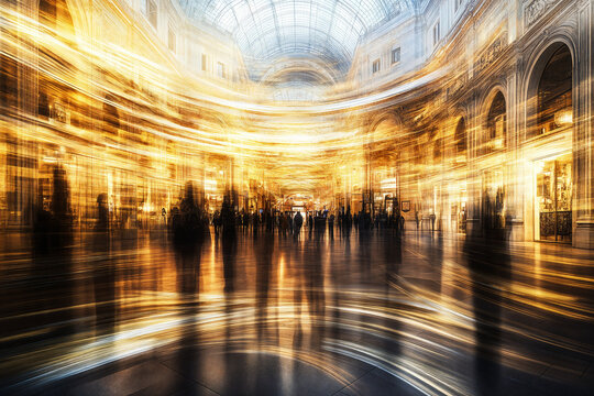 A photorealistic image representing a gallery with transparent, glass, high ceilings, with blurred silhouettes of people and lights in the background. Long-exposure photography, Long-exposure,