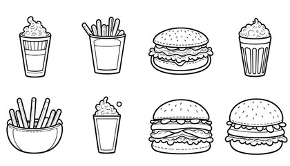 Retro Fast Food Icon Set: Burgers, Fries, and Milkshakes in Line Art Style