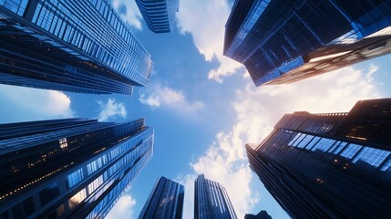 City skyscrapers, sunset sky, urban scene, business background