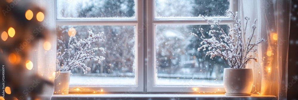 Poster Winter view from a cozy window with snow covered plants and soft lights creating a warm atmosphere. Generative AI