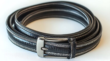 Black Leather Belt Rolled Up on White Background