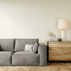 wallpaper mockup in Interior, a living room a couch with a white picture hanging on the wall above it, with transparent background, 3D rendering