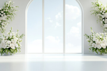 Fototapeta premium Elegant white wedding stage featuring two flower arrangements, creating serene atmosphere with soft natural light streaming through large windows
