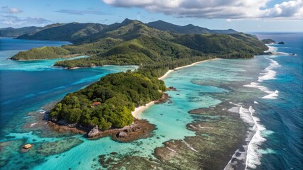 Obraz premium Stunning Aerial View of Ste Anne Marine National Park, Seychelles â€“ Vibrant Coral Reefs, Turquoise Waters, Lush Green Islands, and Diverse Marine Life in a Tropical Paradise