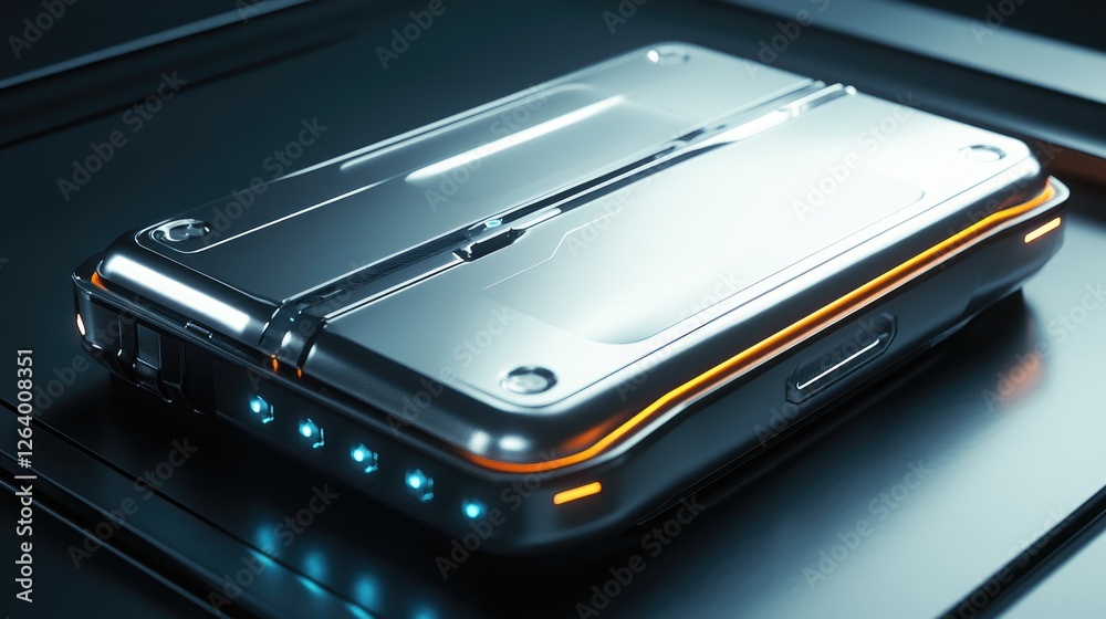 Poster A 3D digital rendering of a silver tech device, with a sleek and modern look, representing the future of technology.