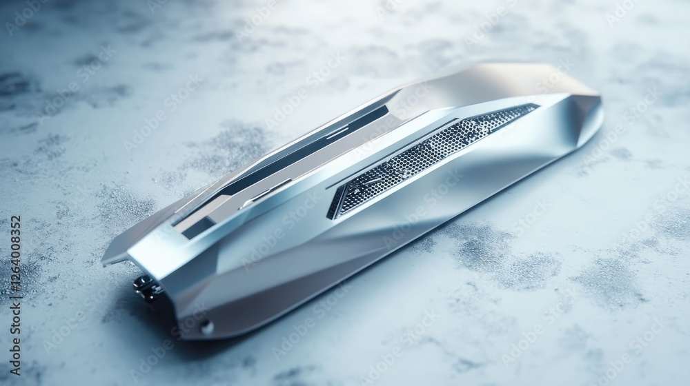 Aufkleber A 3D digital rendering of a silver tech device, with a sleek and modern look, representing the future of technology.