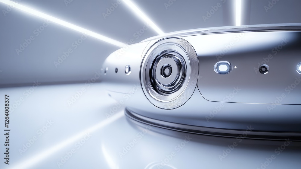 Poster A 3D digital rendering of a silver tech device, with a sleek and modern look, representing the future of technology.
