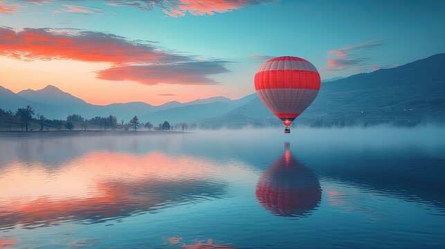 A vibrant hot air balloon floats gracefully over a misty lake at sunrise, reflecting colors